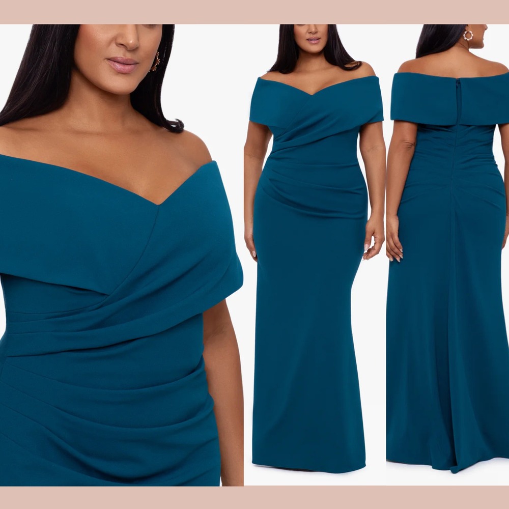 NWT $289 Betsy & Adam [ 16W ] Tanya Long Off the Shoulder Gown Azure Teal #S2061